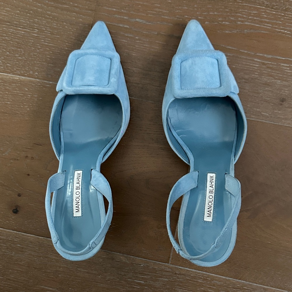 Manolo Blahnik Light Blue Suede Heels - Picture 1 of 12